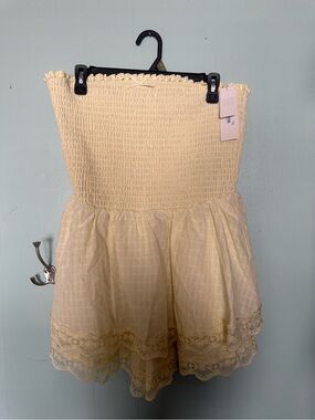 Altar’d State Yellow Smocked Strapless Romper with Lace Trim